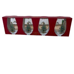 Set of 4 SPODE Christmas Tree Stemless Wine Glasses New in Box